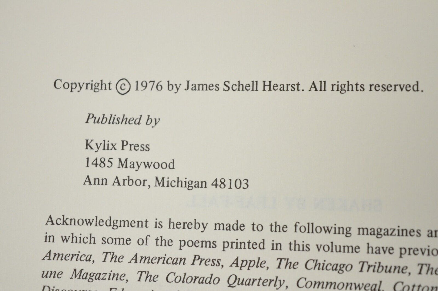 Shaken by Leaf-Fall: Poems by James Hearst Kylix Press (Hardcover) 1976 NOS