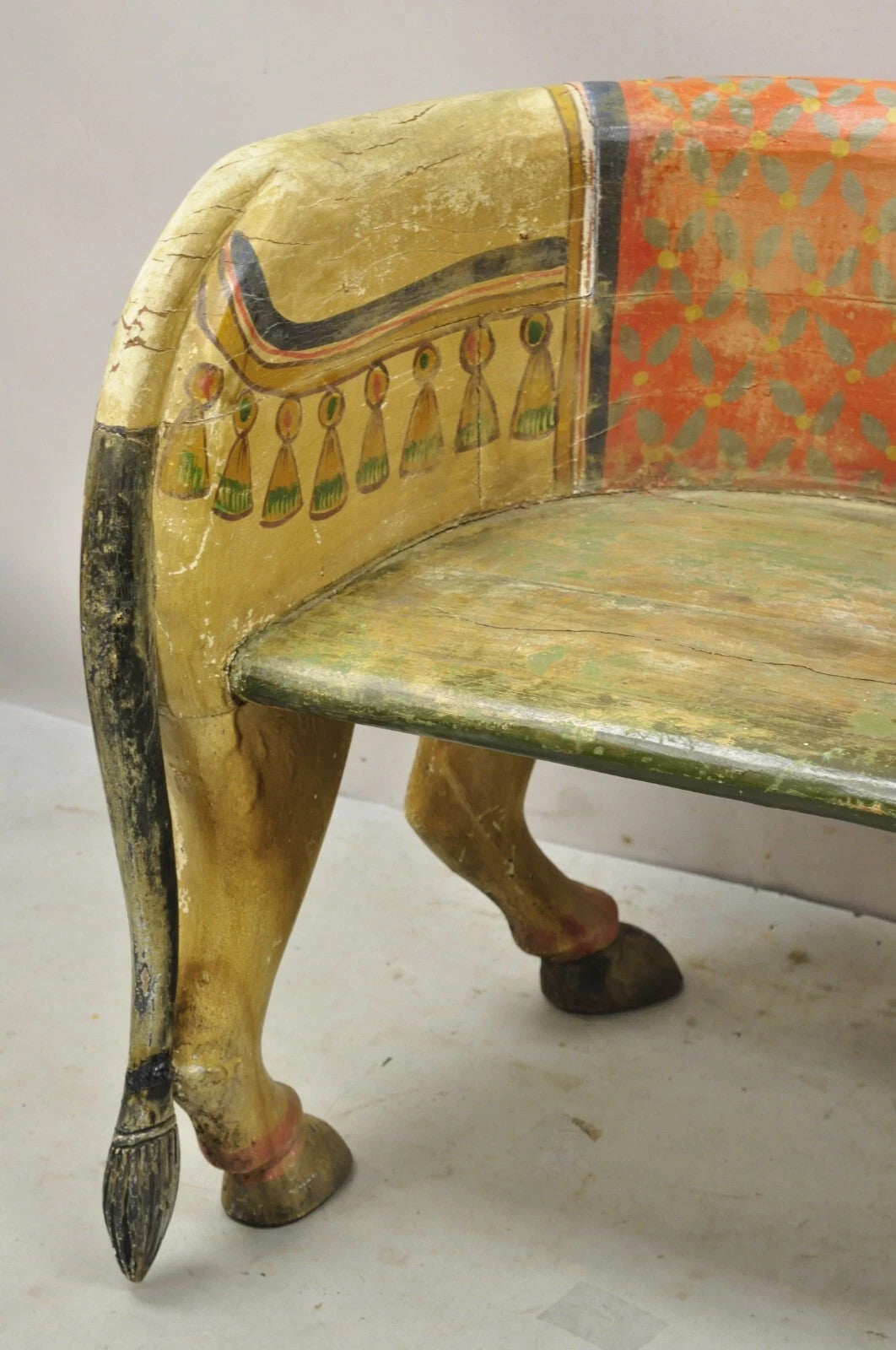 Vintage Figural Primitive Solid Carved Wood Red & Green Horse Bench Seat Chair