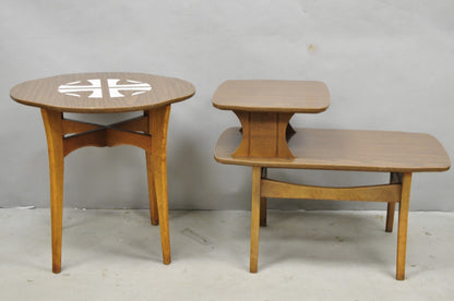 Vintage Mid Century Modern Walnut & Formica Round & Step Side Table Set - 2 pcs