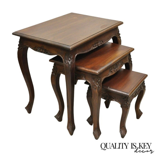 Vintage French Rococo Baroque Style Mahogany Nesting Side Tables - Set of 3