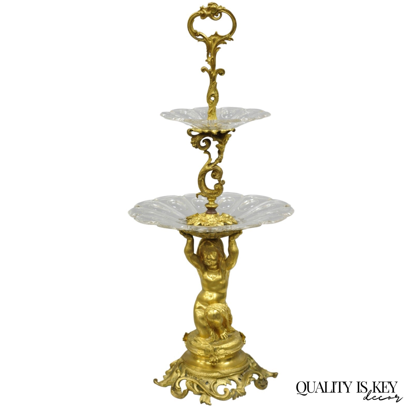 French Baroque Louis XV Gold Gilt Bronze Cherub & Glass 2 Tier Candy Dish Stand
