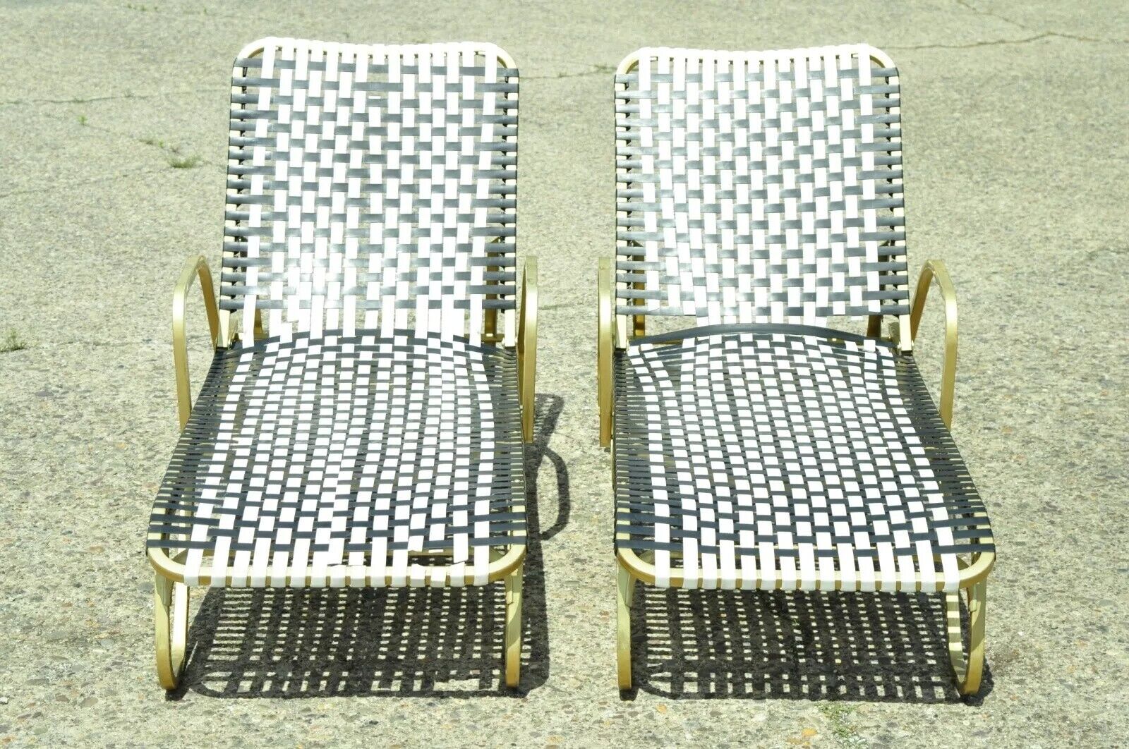 Hollywood Regency Vinyl Strap Aluminum Pool Patio Chaise Lounge Chairs - a Pair