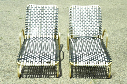 Hollywood Regency Vinyl Strap Aluminum Pool Patio Chaise Lounge Chairs - a Pair