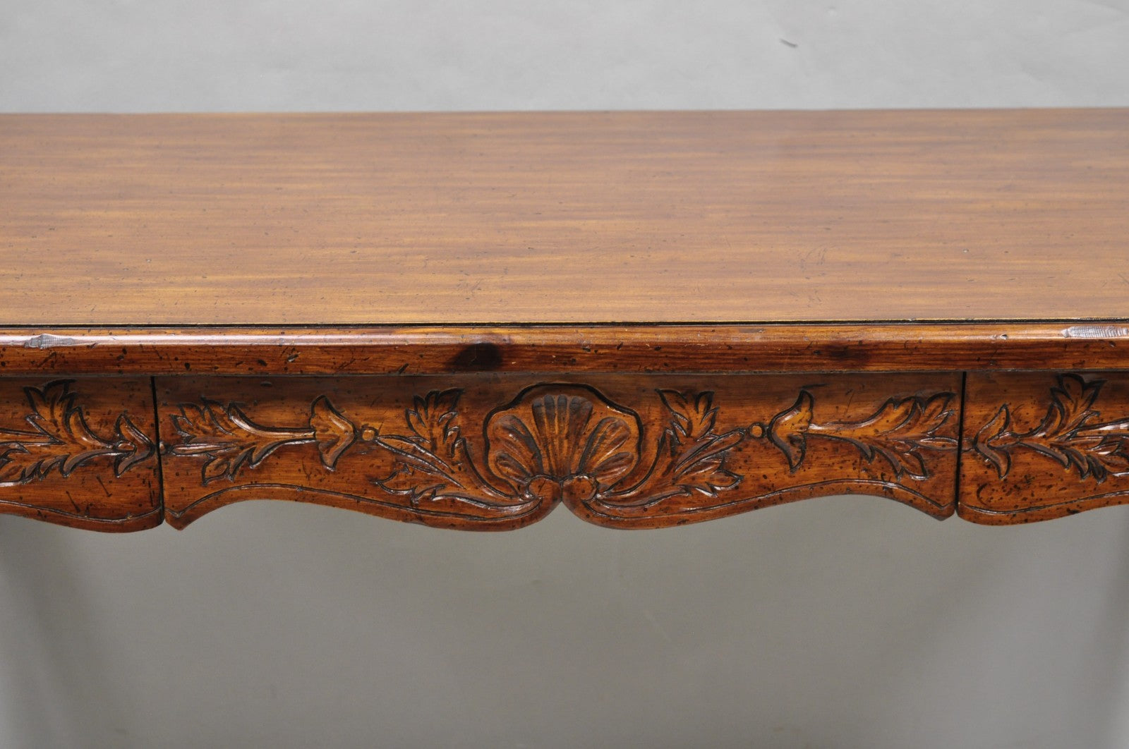 Vintage French Country Pine Wood Distress Floral Carved 1 Drawer Writing Desk
