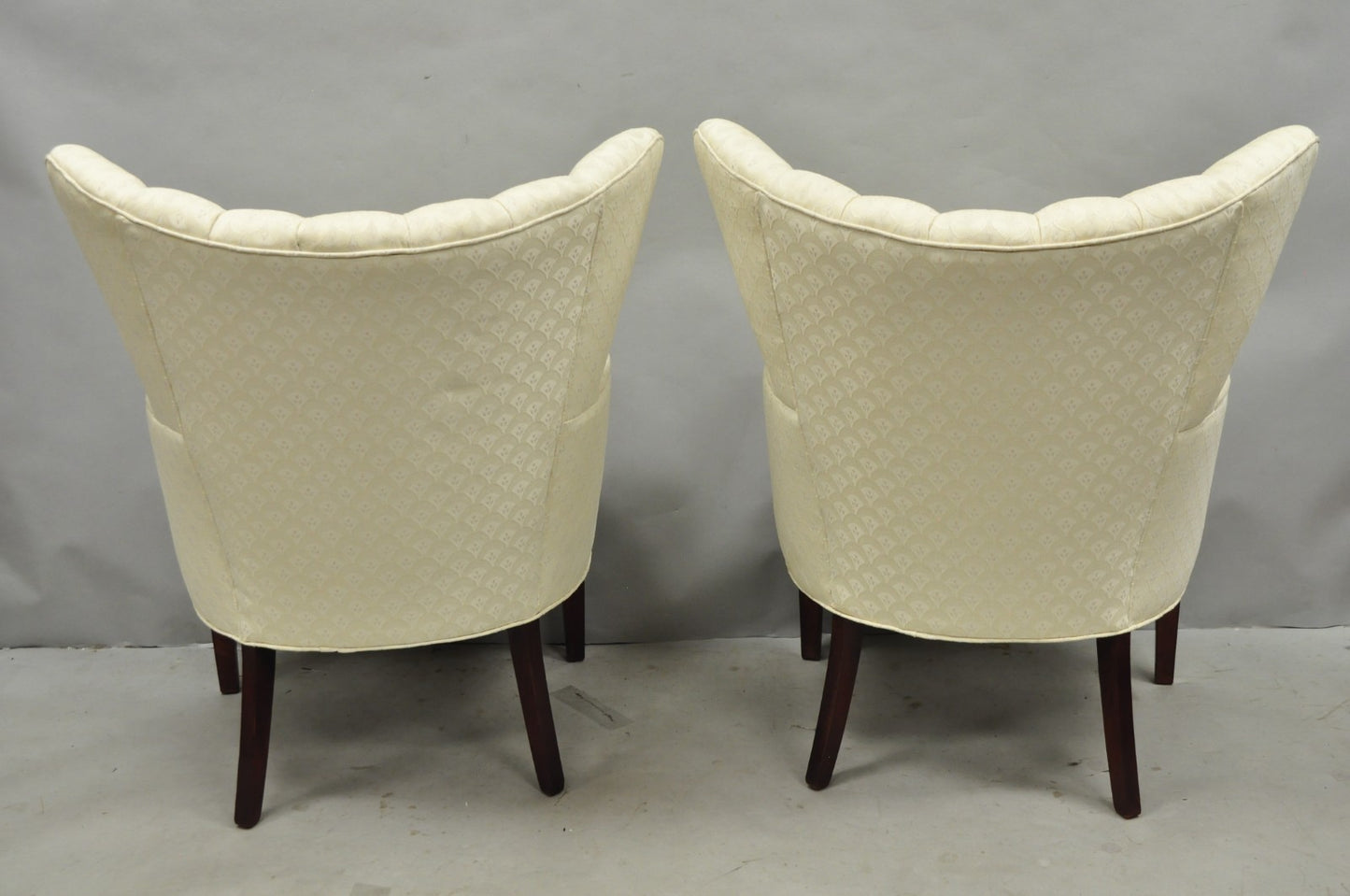 Vintage French Art Deco Style Channel Wingback Mahogany Lounge Arm Chairs - Pair