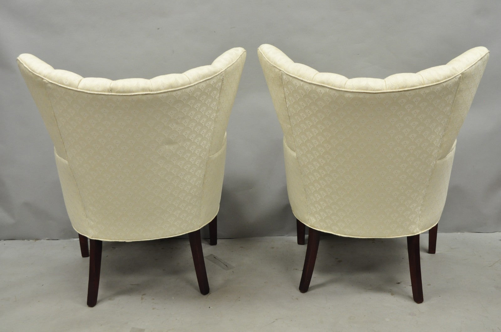 Vintage French Art Deco Style Channel Wingback Mahogany Lounge Arm Chairs - Pair