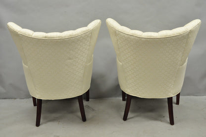 Vintage French Art Deco Style Channel Wingback Mahogany Lounge Arm Chairs - Pair