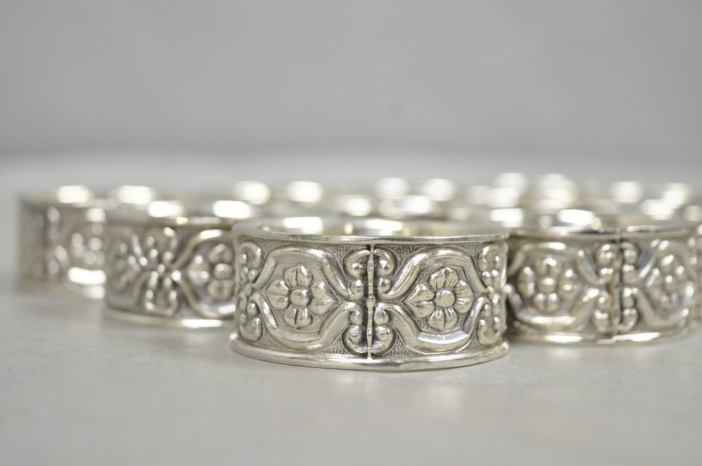 Vintage Victorian Style Silver Plated Floral Embossed Napkin Rings - Set of 12