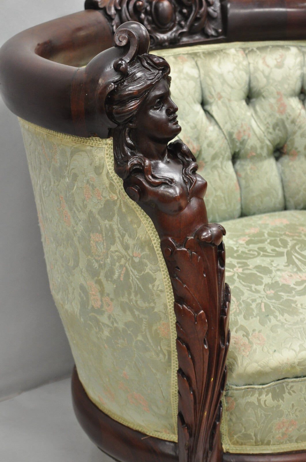 Antique Karpen Victorian Rococo Figural Maiden Carved Mahogany Parlor Club Chair