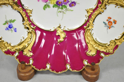 Meissen French Floral Hand Painted Red Porcelain Scalloped Cabinet Plate Bowl