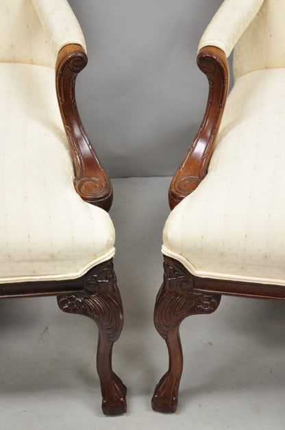 Vintage Thomasville Georgian Style Carved Mahogany Lounge Arm Chairs - a Pair