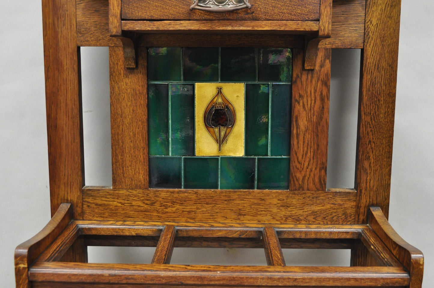 Antique English Art Nouveau Oak & Green Tile Coat Rack Umbrella Stand Hall Tree