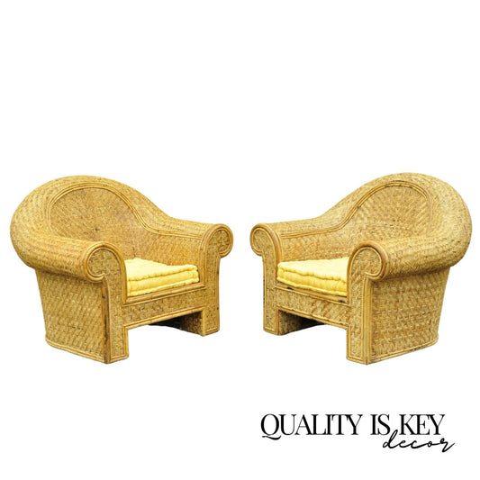 Ralph Lauren Attr. Large Woven Wicker Rattan Club Lounge Chairs - a Pair