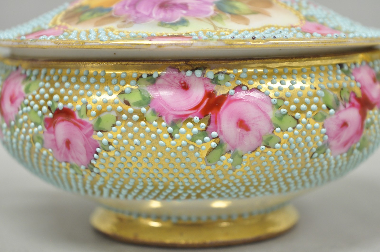 Antique Nippon Hand Painted Gold Gilt Porcelain Green Moriage Covered Sugar Bowl