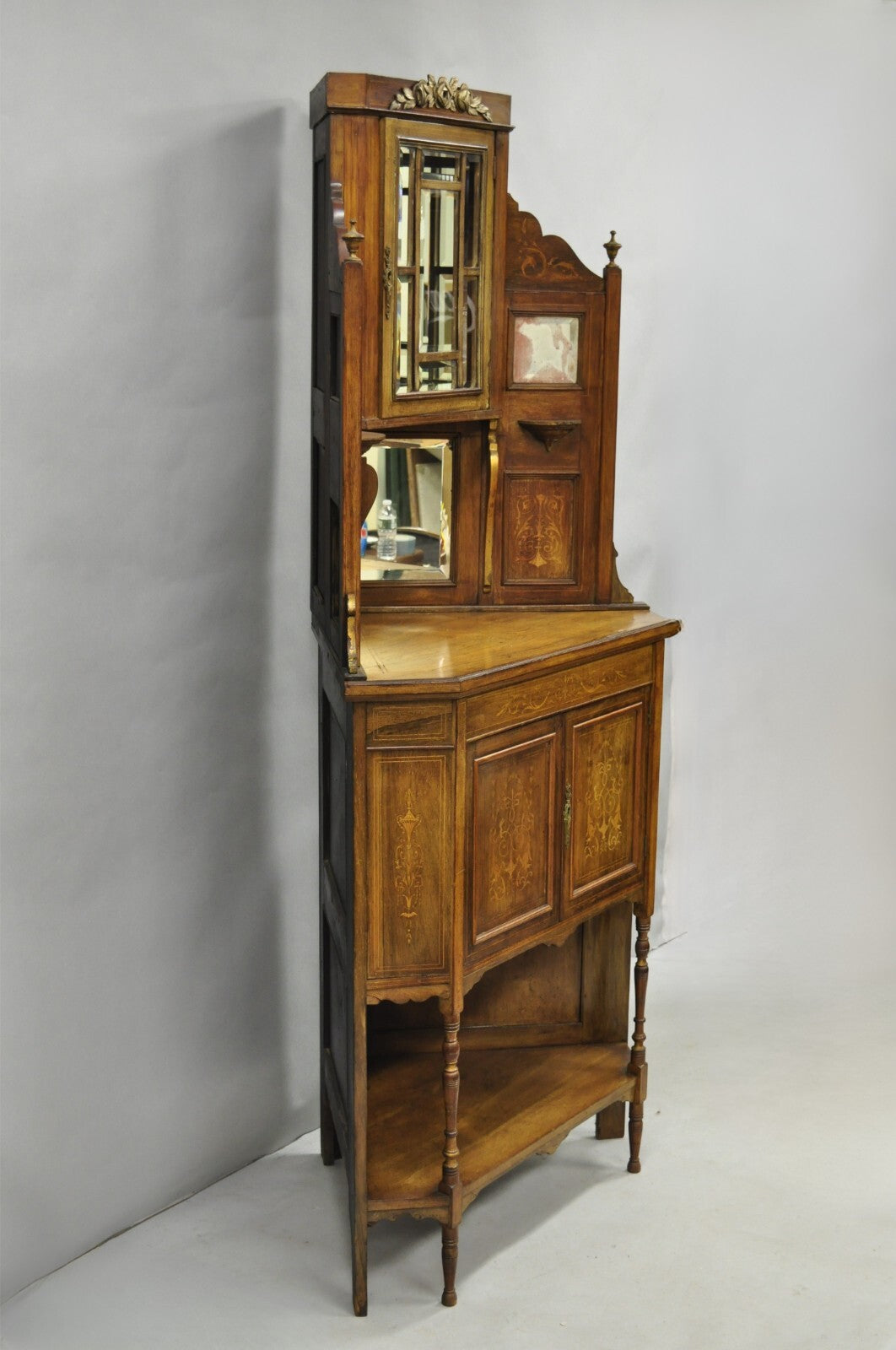 Antique French Victorian Inlaid Mahogany Corner China Cabinet Display Curio
