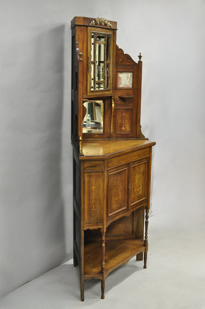 Antique French Victorian Inlaid Mahogany Corner China Cabinet Display Curio