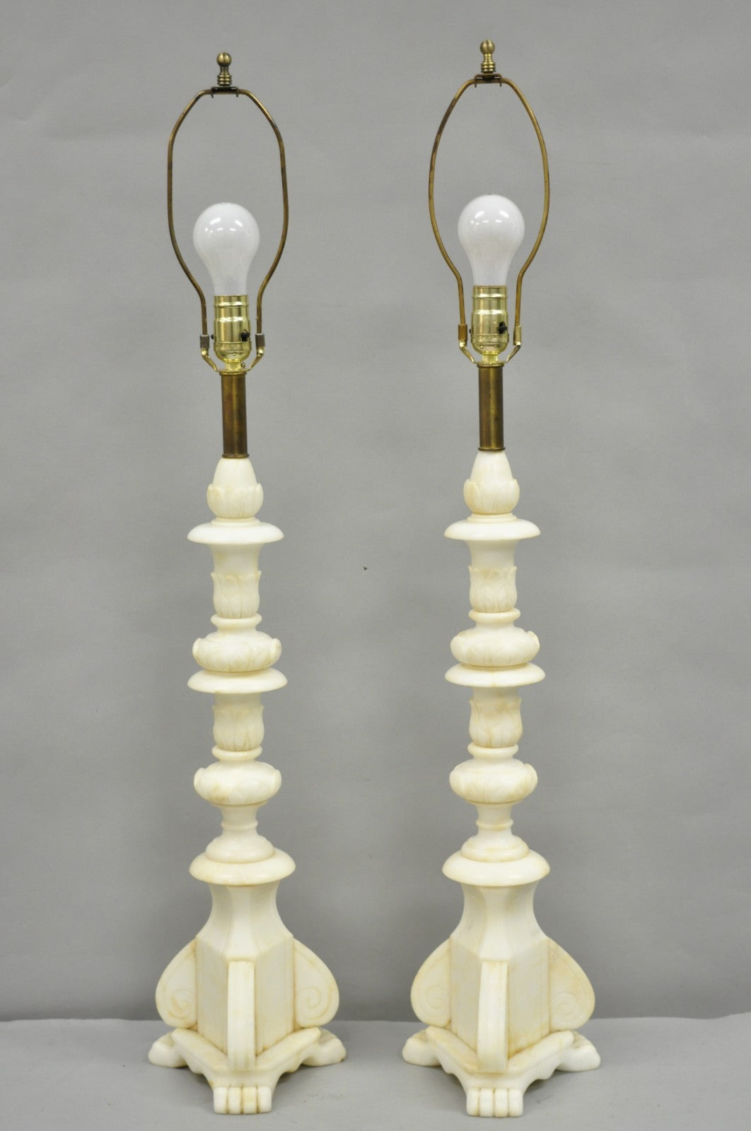 Antique Italian Neoclassical Carved Alabaster Marble Column Table Lamps - a Pair