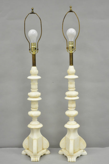 Antique Italian Neoclassical Carved Alabaster Marble Column Table Lamps - a Pair