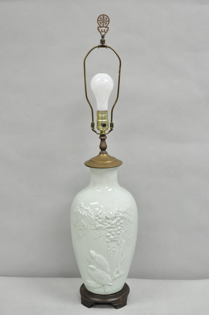 Chinoiserie Chinese Green Celadon Porcelain "Love Birds" Jardiniere Table Lamp