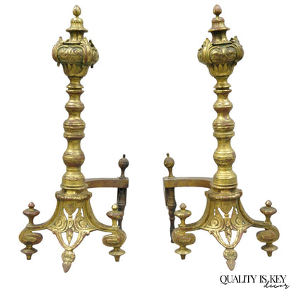 Antique French Baroque Louis XV Style Bronze Brass Andirons with Patina - a Pair