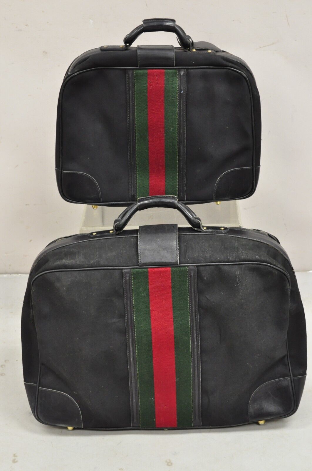 Vintage Gucci Black Canvas & Leather Suitcase Luggage Travel Bag Set - 2 Pcs