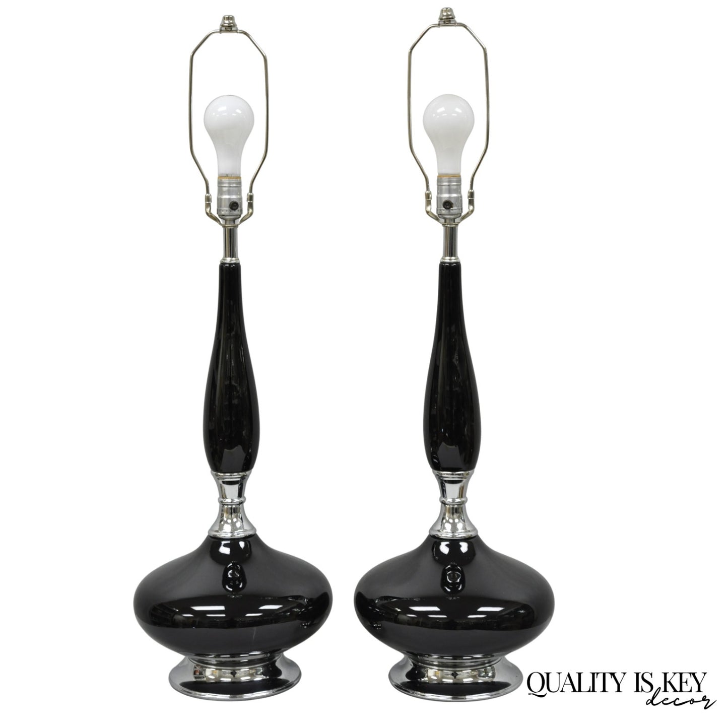 Vintage Mid Century Modern Black Glazed Ceramic & Chrome Table Lamps - a Pair