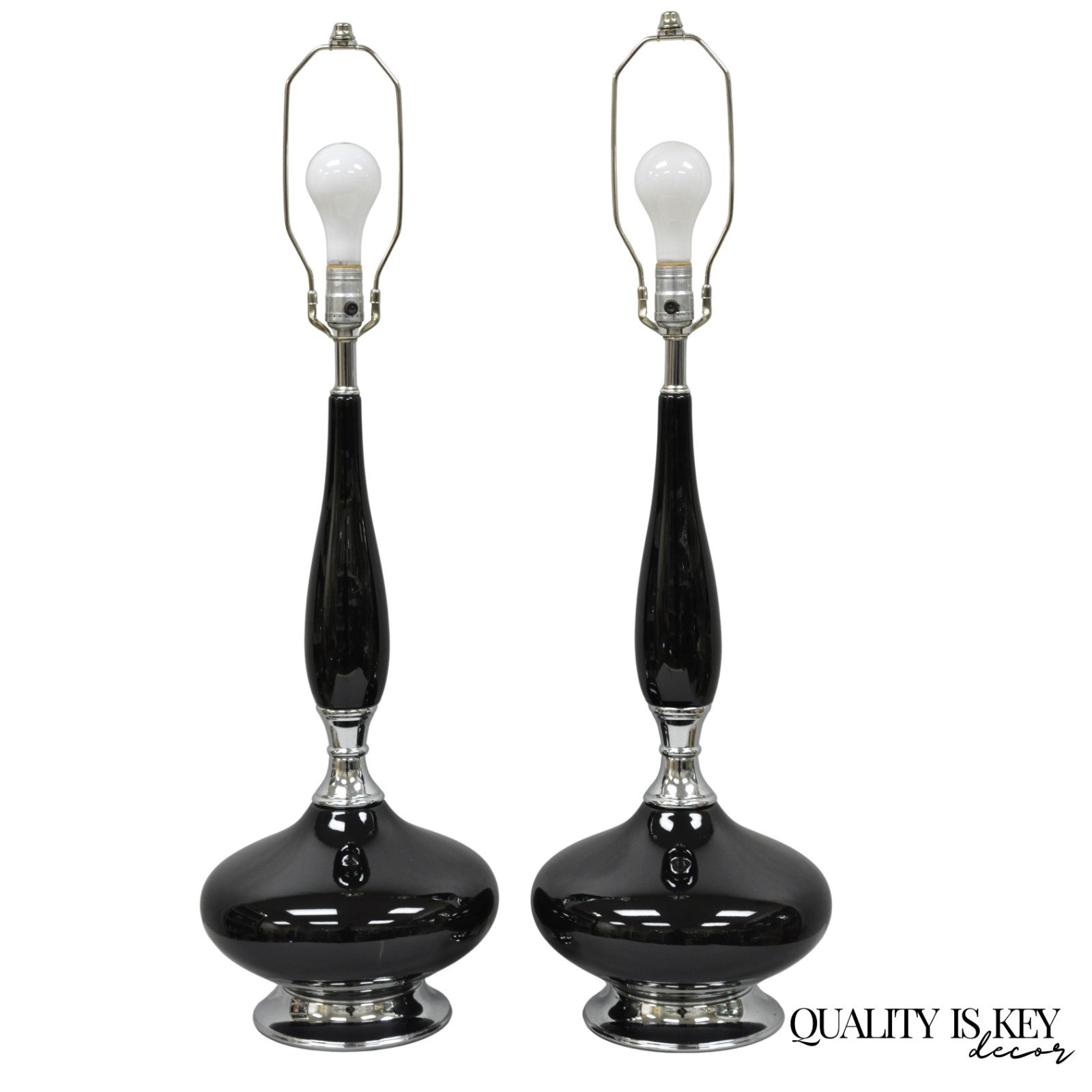 Vintage Mid Century Modern Black Glazed Ceramic & Chrome Table Lamps - a Pair