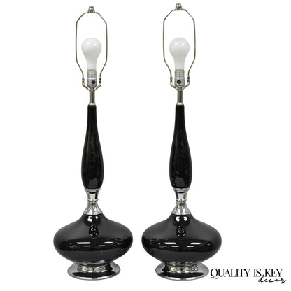 Vintage Mid Century Modern Black Glazed Ceramic & Chrome Table Lamps - a Pair