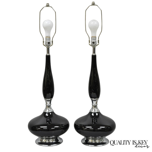 Vintage Mid Century Modern Black Glazed Ceramic & Chrome Table Lamps - a Pair