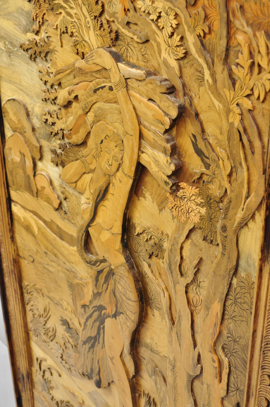 Vintage Large 60" Anglo Indian High Relief Carved Wood Thai Woman Art Plaque