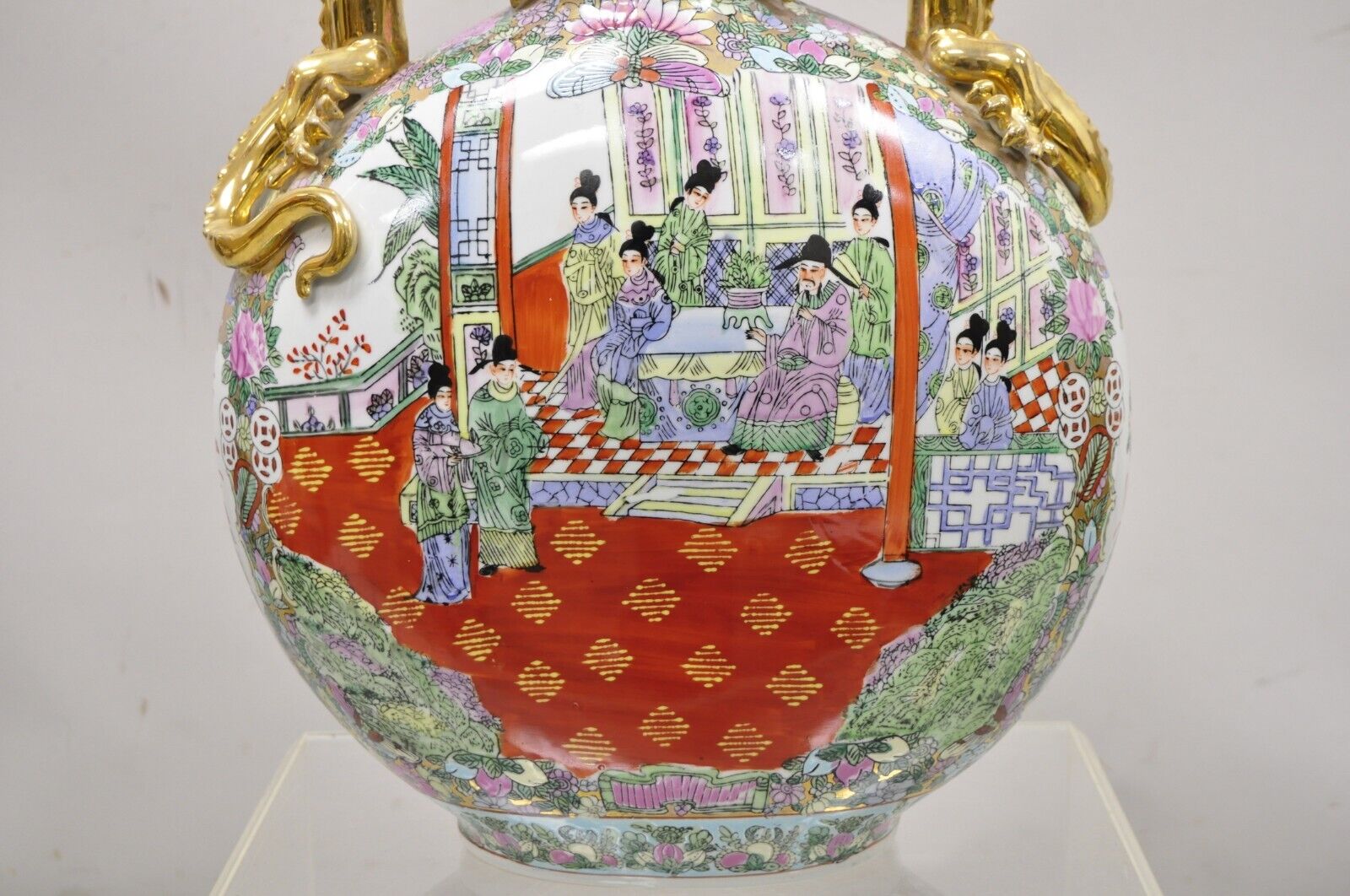 Vtg Chinese Famille Rose Porcelain Figural Orange Moon Flask Vase with Dragons