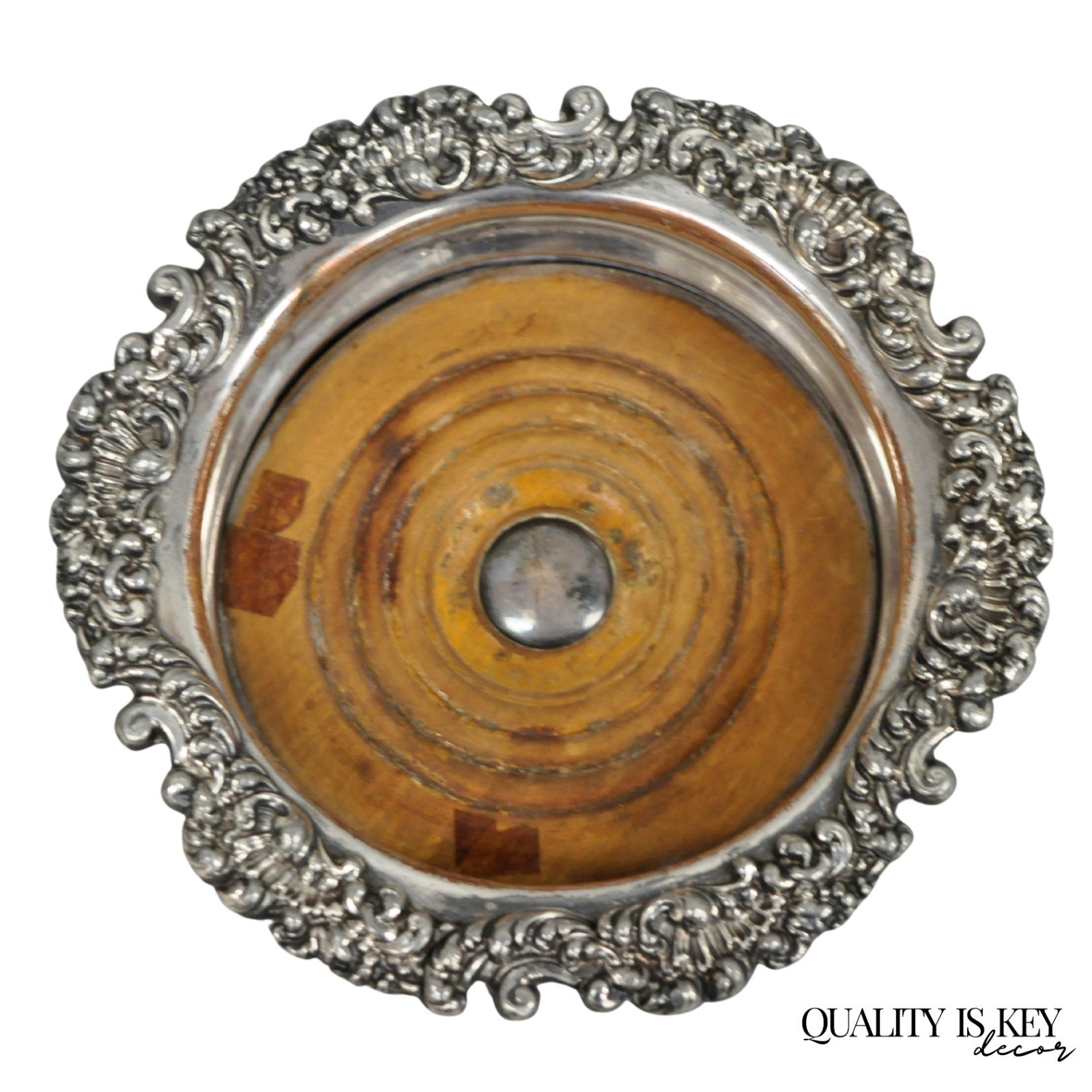 Antique English Victorian Silver Plated Floral Mahogany Bar Wine Bottle Coaster