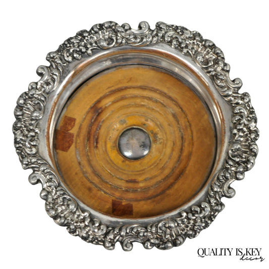 Antique English Victorian Silver Plated Floral Mahogany Bar Wine Bottle Coaster