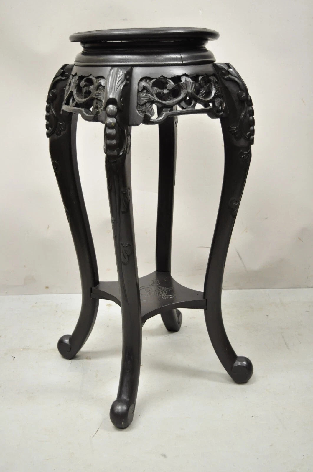 Japanese Carved Wood Black Ebonized 28" Plant Stand Lacquer Top Side Table