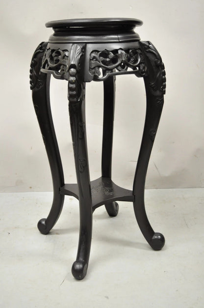 Japanese Carved Wood Black Ebonized 28" Plant Stand Lacquer Top Side Table