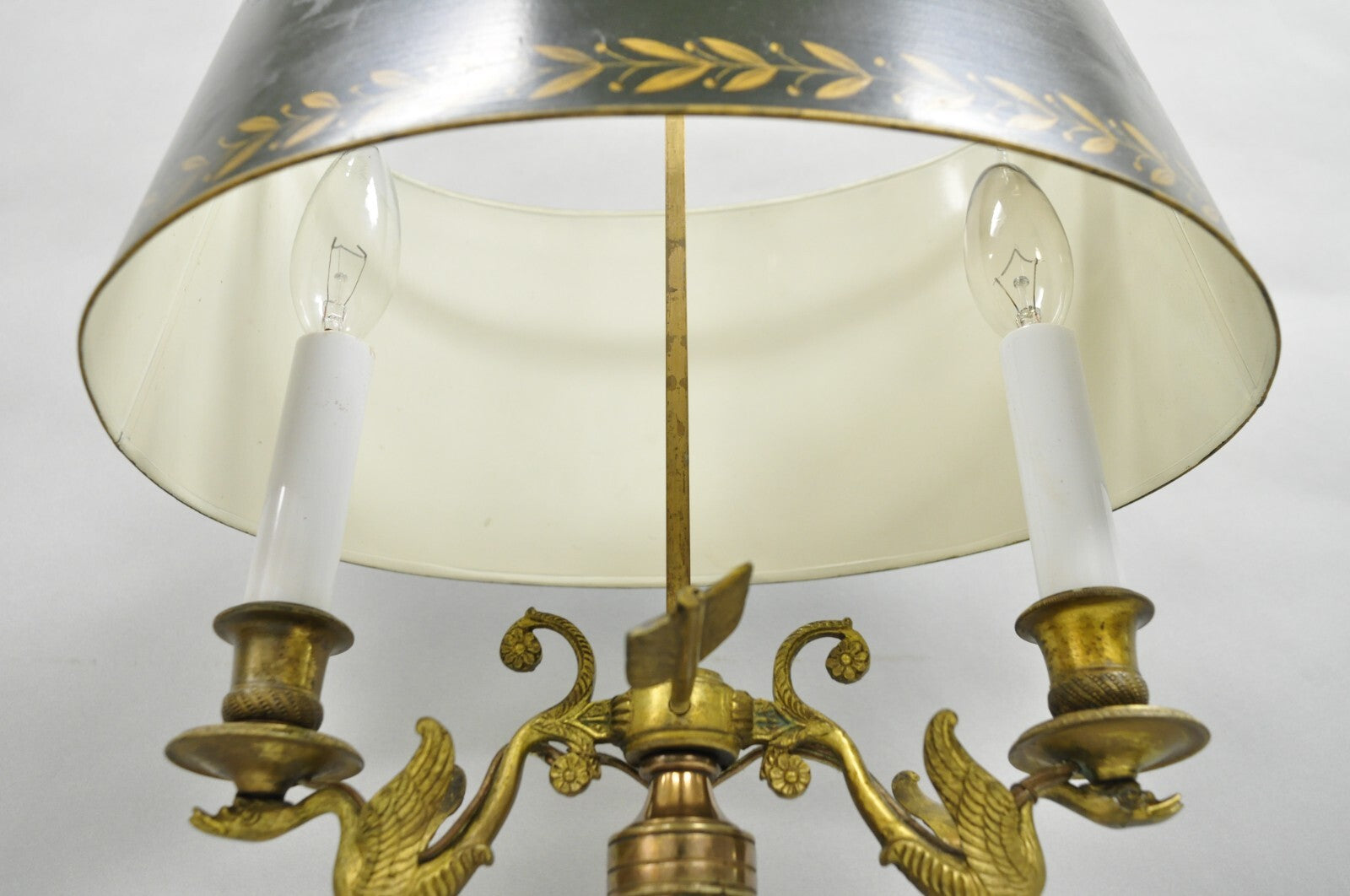 Antique French Empire Bronze Swans Green Tole Metal Shade Bouillotte Table Lamp