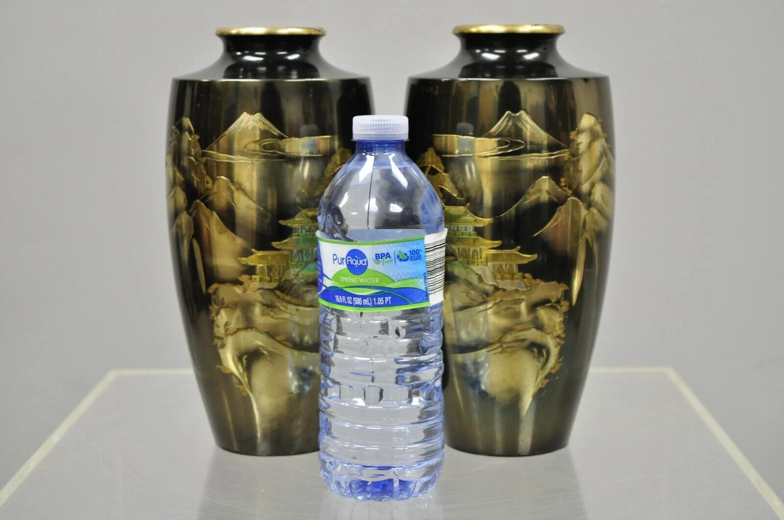 Vintage 10" Oriental Bronze Metal Pagoda Mountain Engraved Vase Set - a Pair
