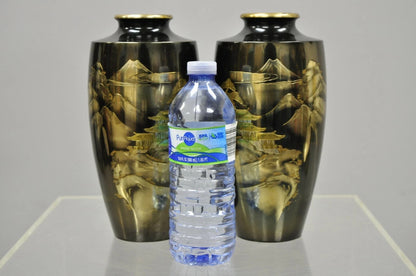 Vintage 10" Oriental Bronze Metal Pagoda Mountain Engraved Vase Set - a Pair