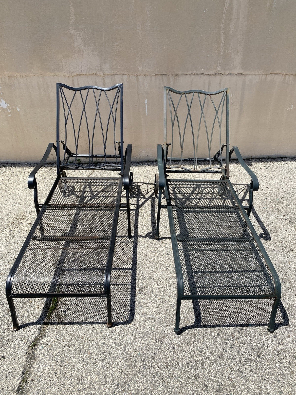 Woodard Style Wrought Iron Lattice Garden Patio Chaise Lounge Chair - a Pair