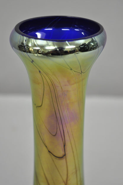 Vintage Steven Maslach 1987 Signed Iridescent & Cobalt Blue Art Glass Vase