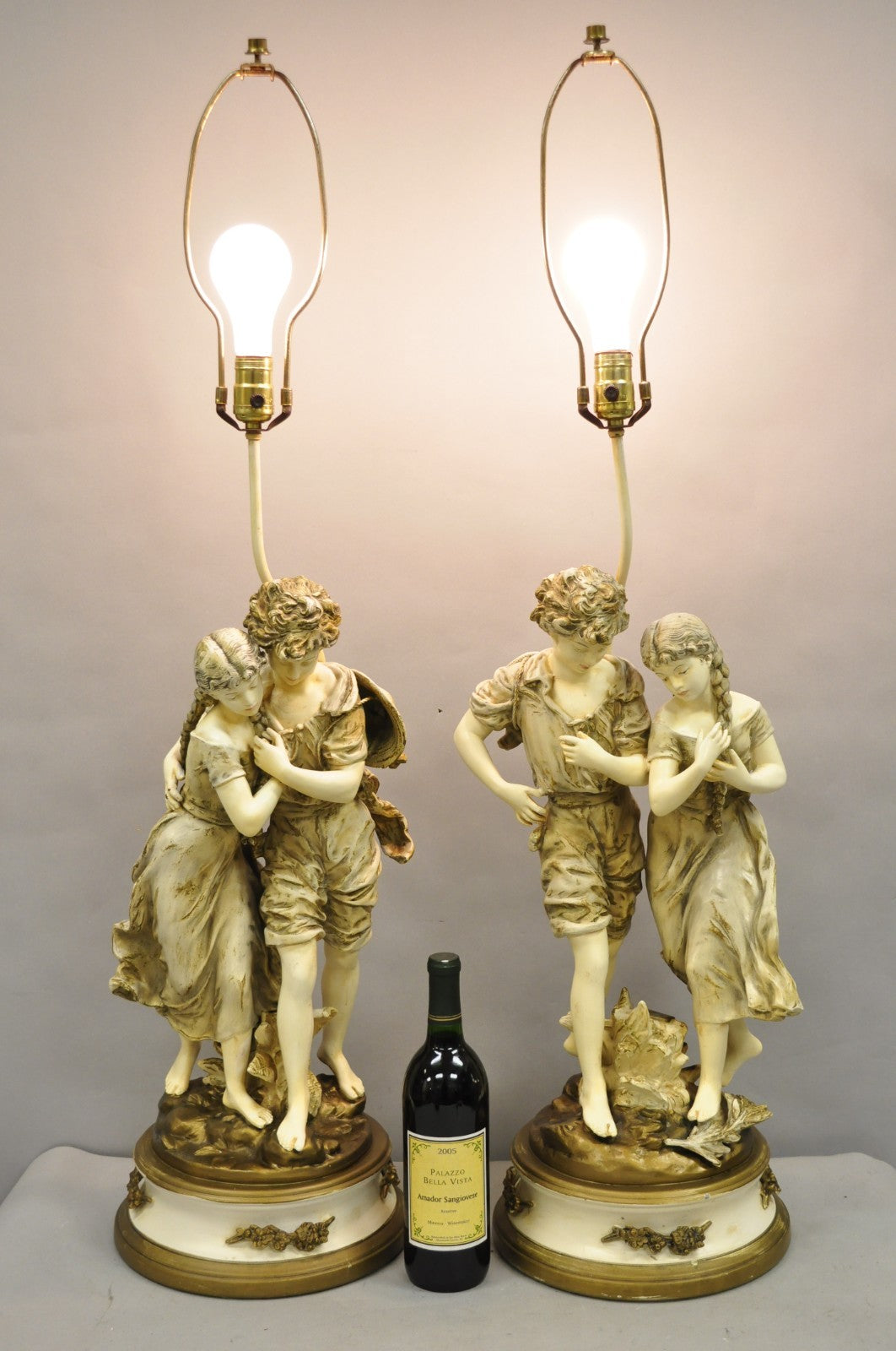 Antique L&F Moreau French Renaissance Large Figural Boy and Girl Table Lamp Pair