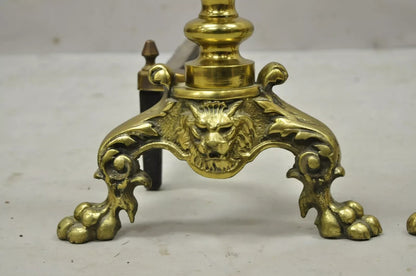 Antique Empire Brass Cast Iron Lion Head Spiral Twist Paw Feet Andirons - a Pair