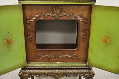 Antique French Renaissance Green Distress Painted Radio Cabinet Bar Cupboard