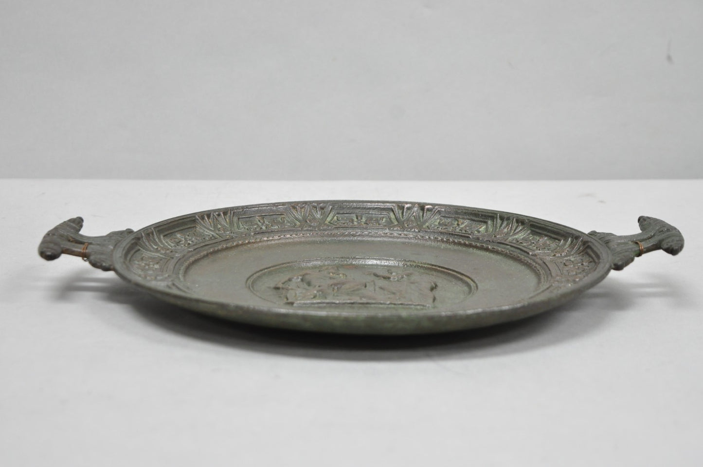 Vintage Roman Classical Style Figural Cast Iron Twin Handle Charger Dish