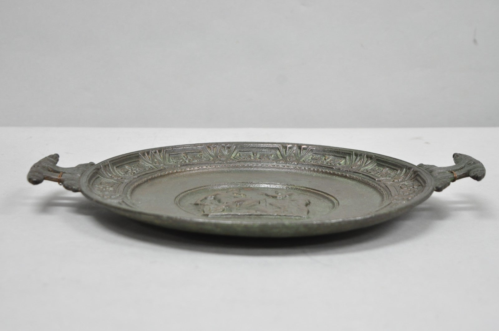 Vintage Roman Classical Style Figural Cast Iron Twin Handle Charger Dish