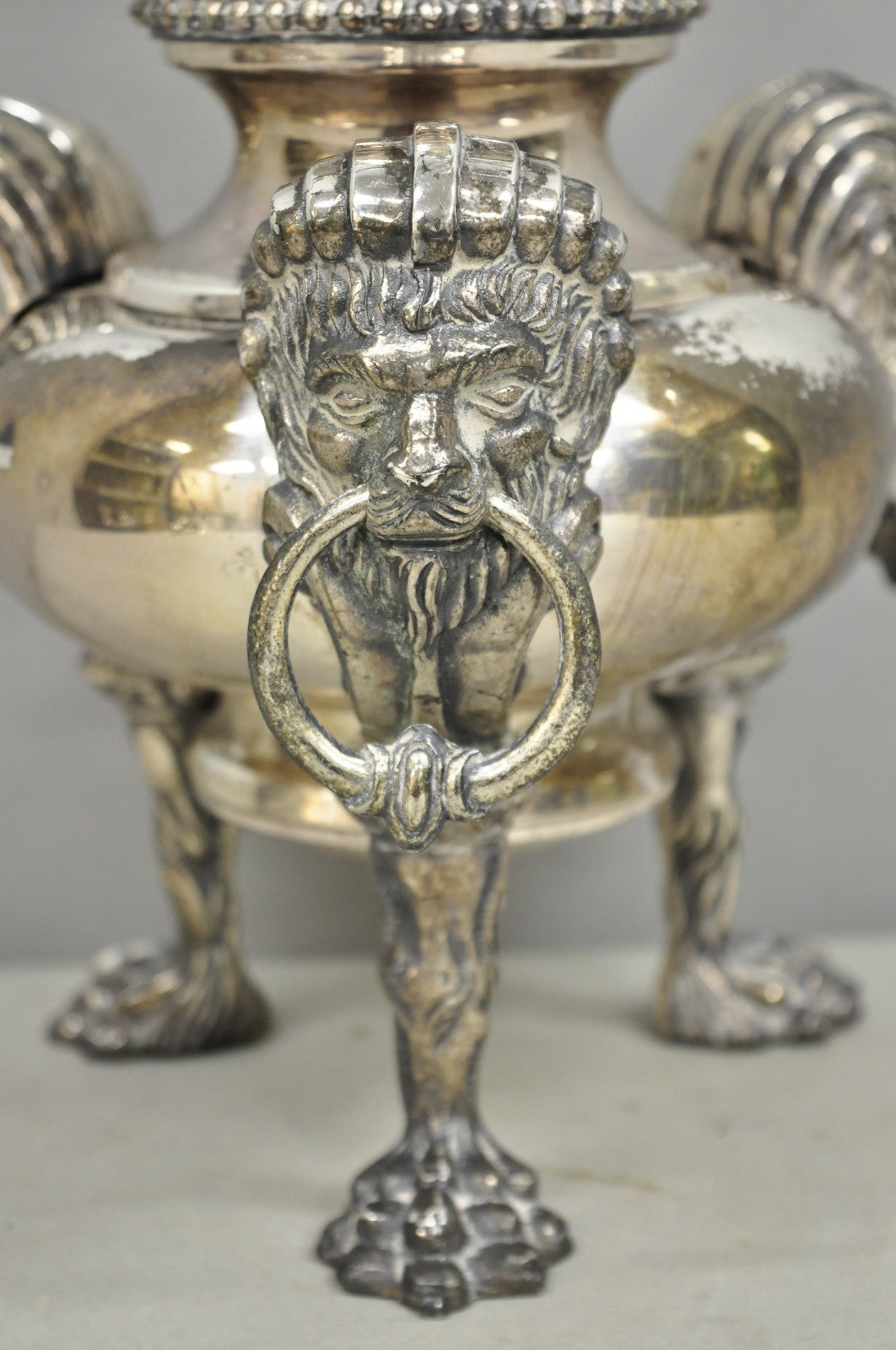 Antique English Regency Silver Plated Converted Oil Lamp Lion Mounted Table Lamp