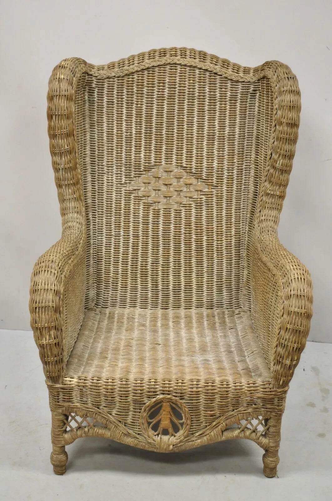 Vintage Victorian Style Large Woven Wicker Rattan Wingback Lounge Arm Chair