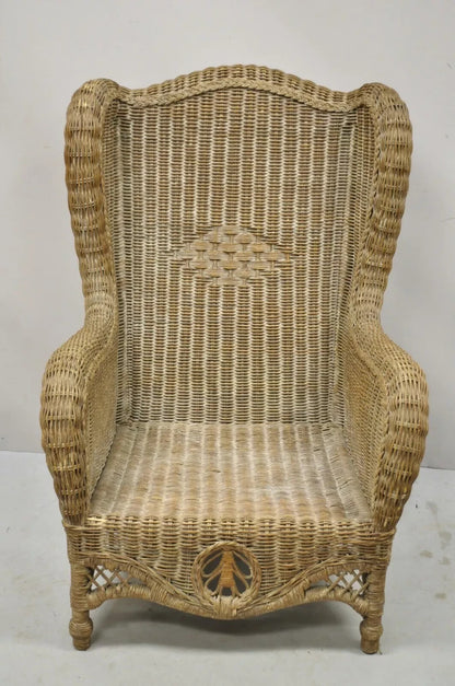 Vintage Victorian Style Large Woven Wicker Rattan Wingback Lounge Arm Chair