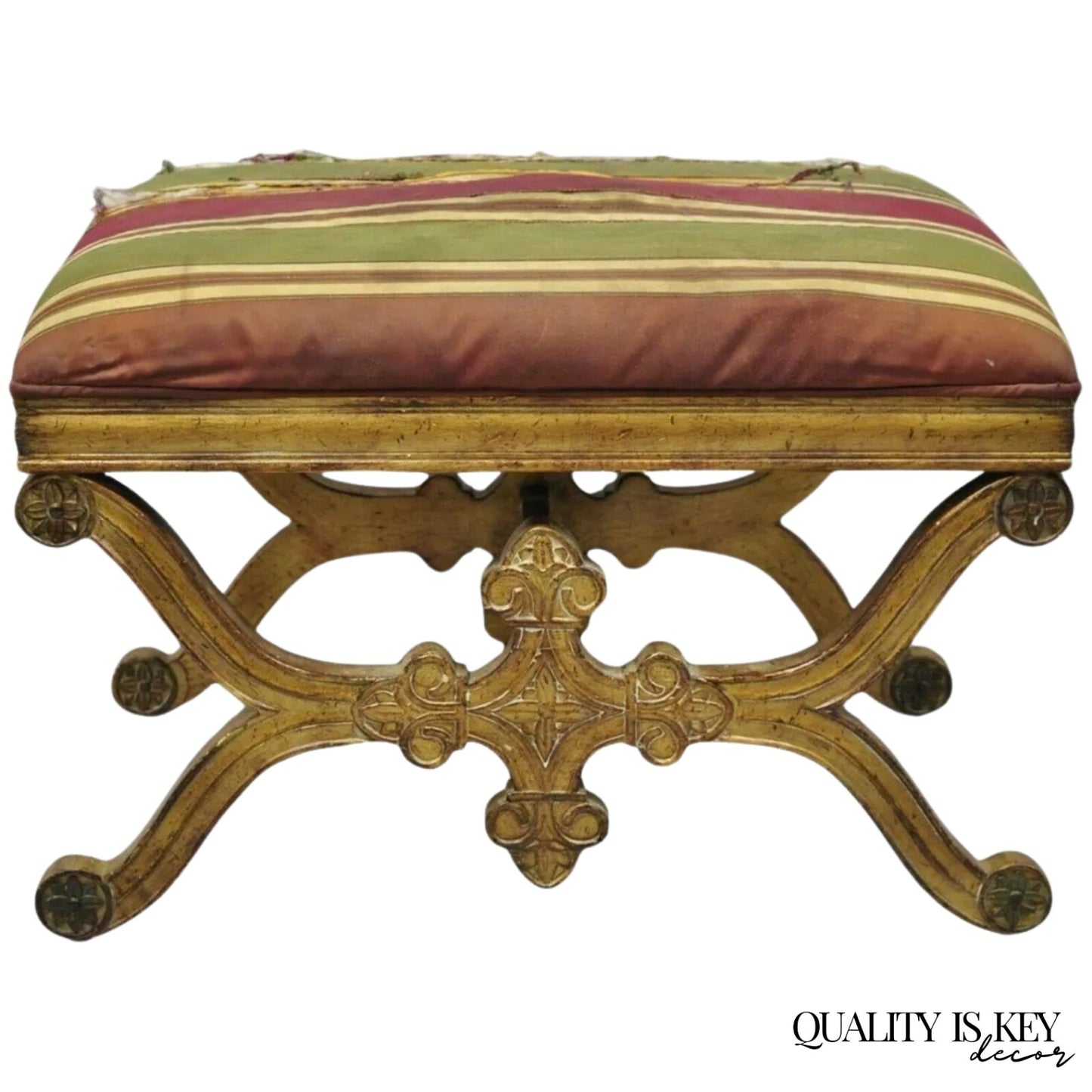 Vintage Spanish Regency Carved Wood X-Frame Gold Upholstered Stool Bench