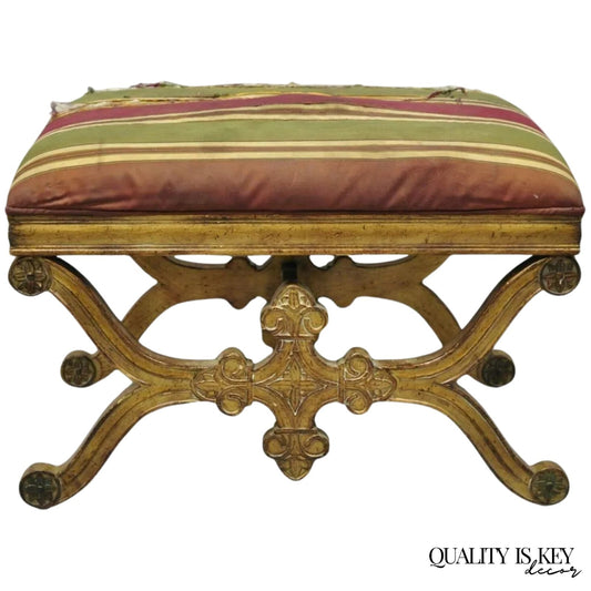 Vintage Spanish Regency Carved Wood X-Frame Gold Upholstered Stool Bench